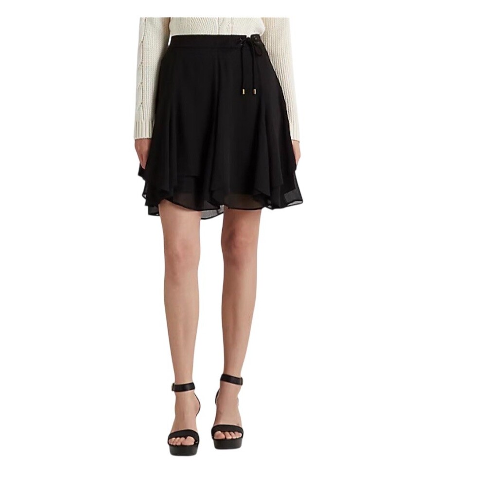 Lauren Ralph Lauren Skirt Womens Size 00 Black Tiered Ruffle Mini Lace-Up